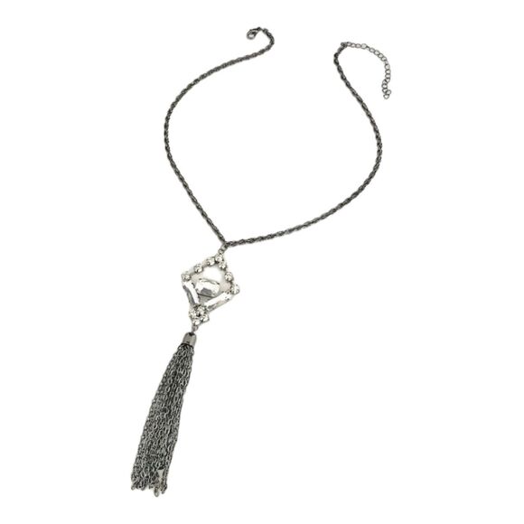 New Boutique Necklace Clear Stones Tassel Hematite Tone Women's 1L - Picture 2 of 10